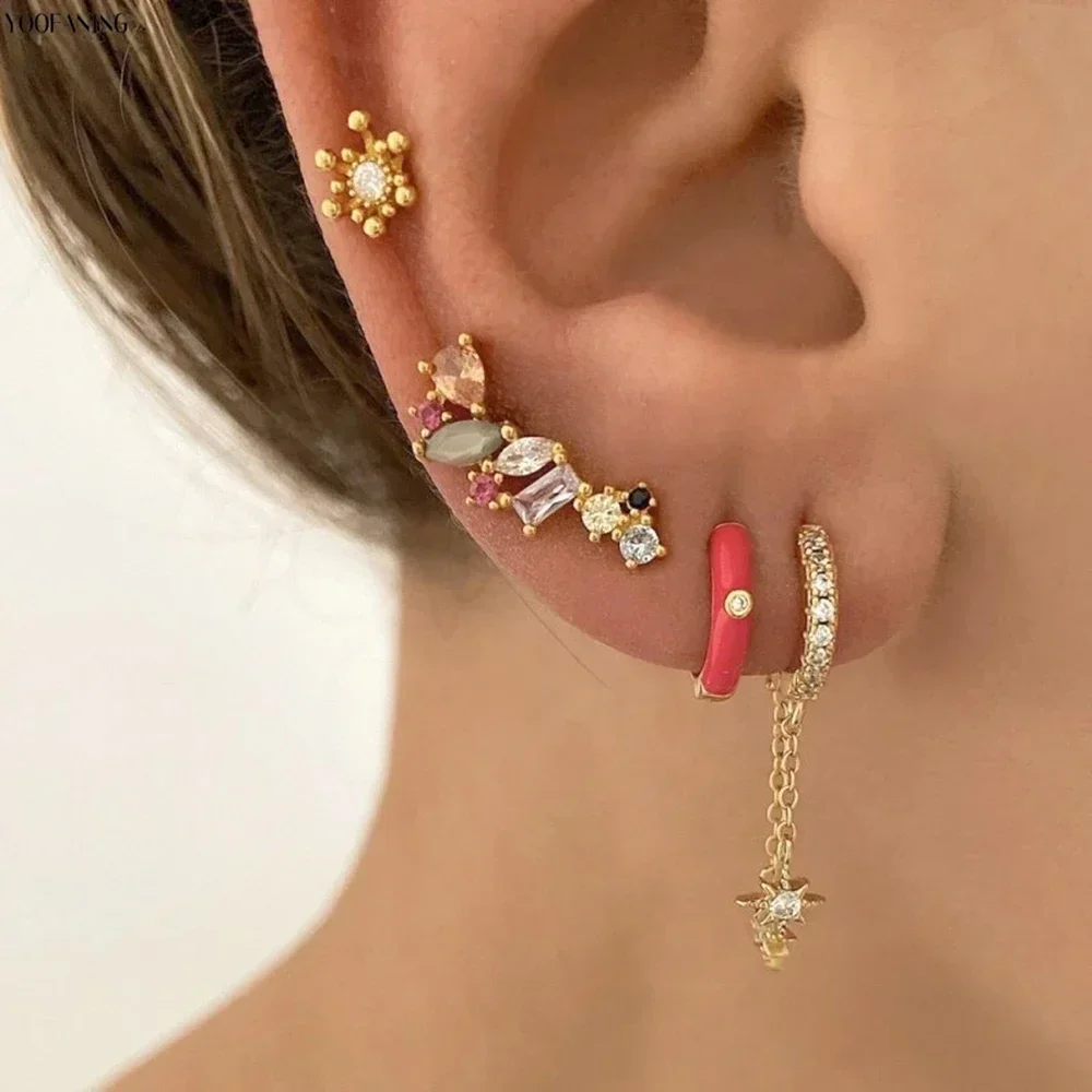 YUXINTOME, 1 pieza, pendientes de aro con borlas de cadena de circón colorido con aguja para oreja de Plata de Ley 925 para mujer, pendientes de dos agujeros, joyería A45