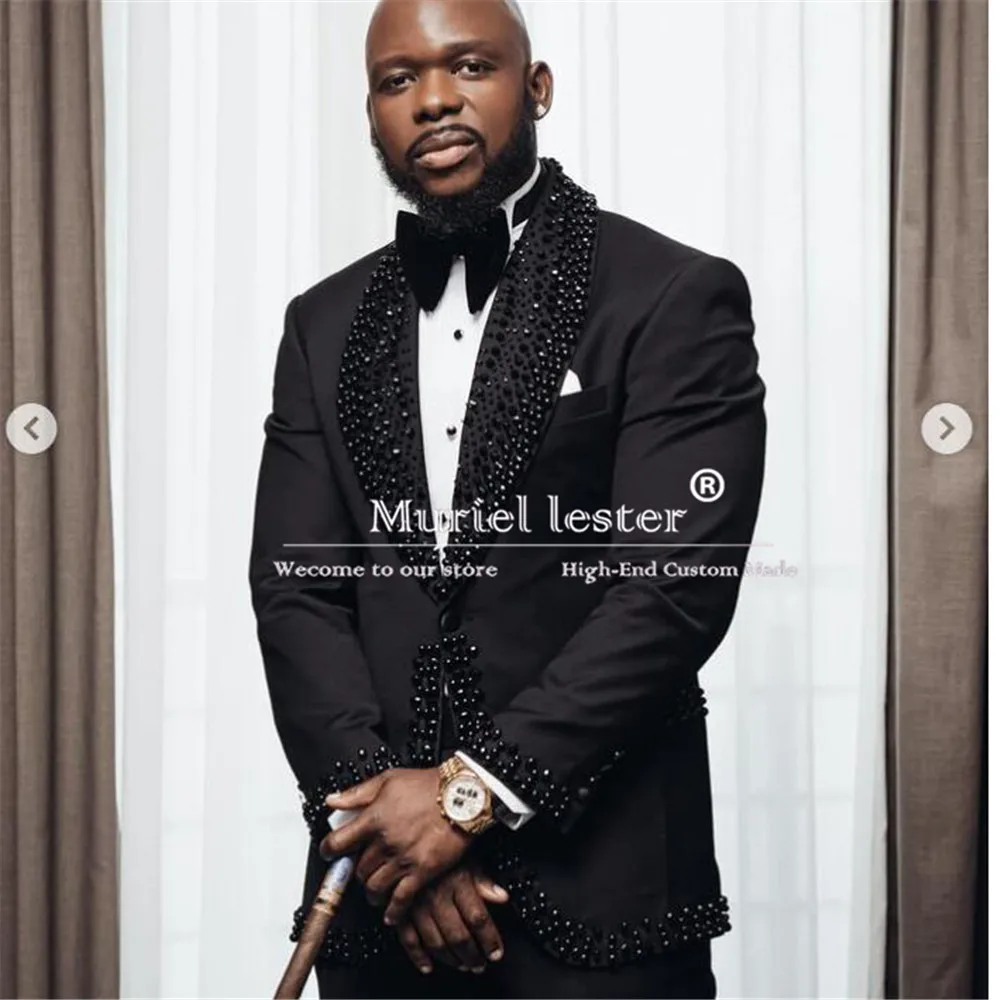 

Exclusive Pearls Beaded Groom Wedding Suits 2 Pieces Sets Single Breasted Prom Blazers Customized Man Banquet Performance Tuxedo