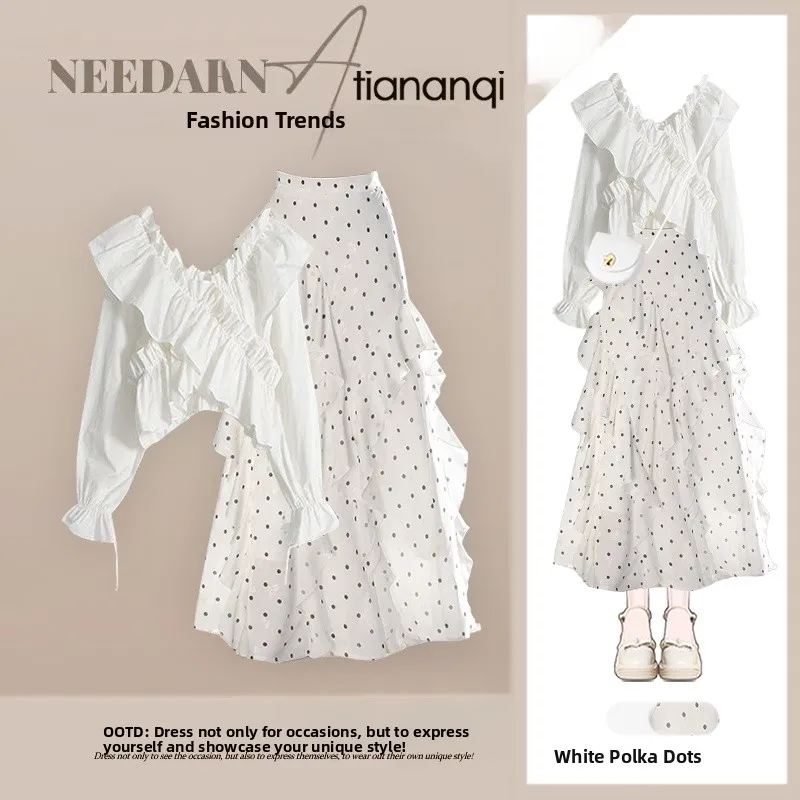 

Faionable White Long Sve irt And Polka Dot Skirt Two Piece Set Spring 2026 Women's Clothing Ele Salt Series