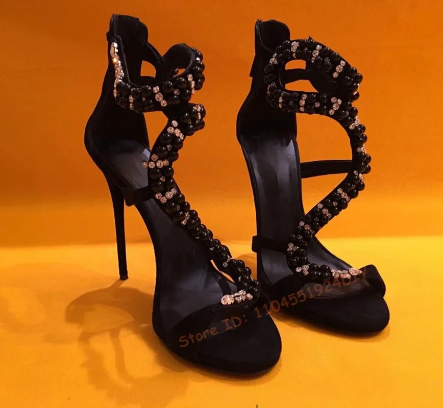 

Summer Sexy Crystal Embellished Suede Sandal Shoe Women Thin Heeled Sandals Luxury Back Zipper High Heels Party Prom Shoes