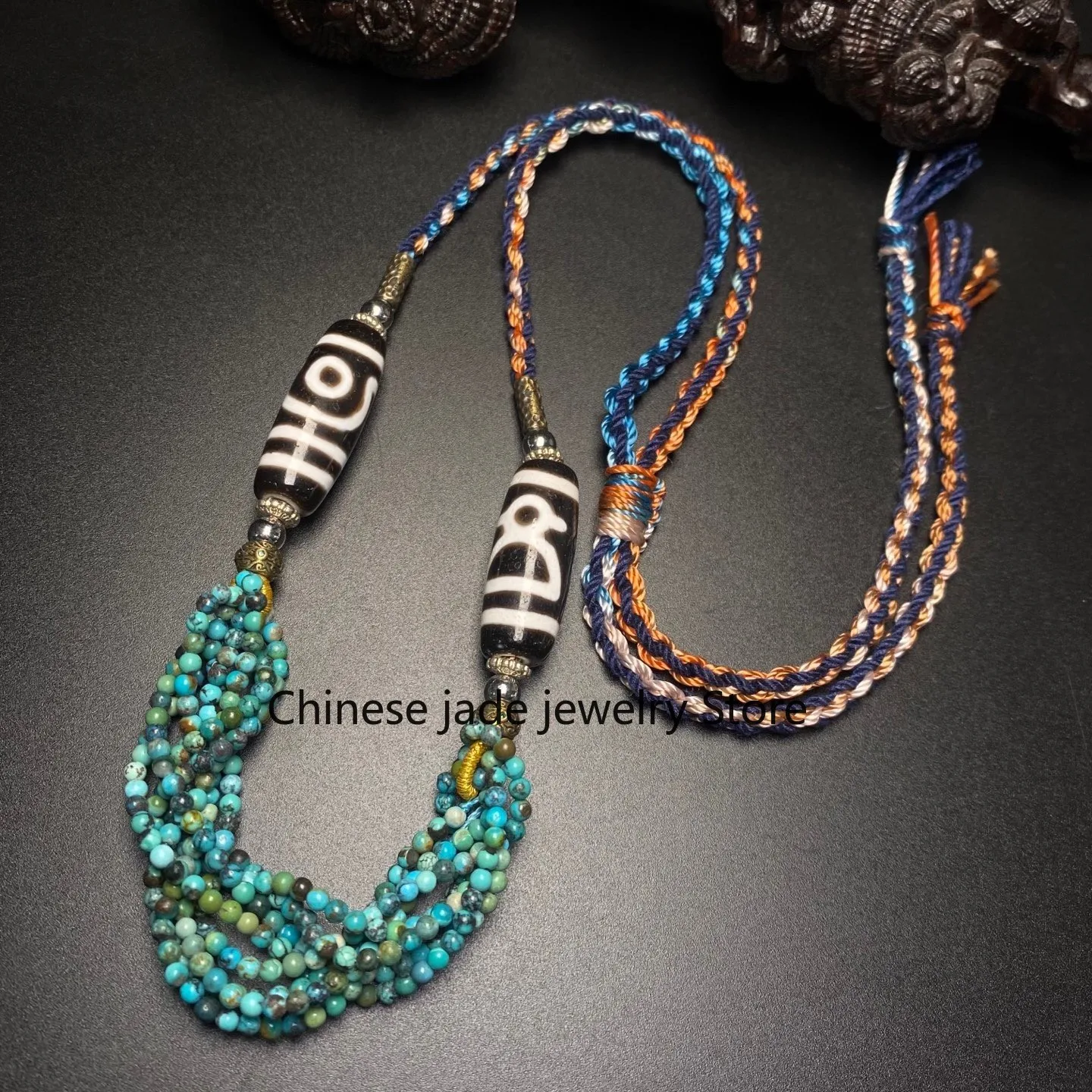 Energy Tibetan Old Agate DZi 2 Eyes God of Wealth Turquoise Beads Necklace M0328