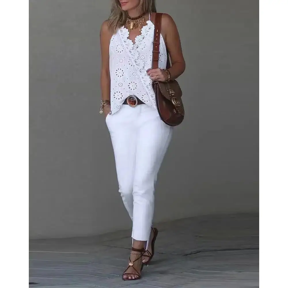 الصيف خمر تفريغ الدانتيل حزام المرأة تانك القمم محطة مستقلة عبر الحدود ip الأزهار تقليم ter Ne سترة #3