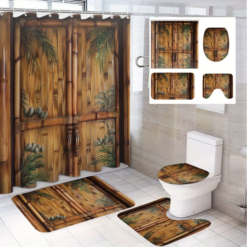 4pcs Bamboo Door Pattern Modern Bathroom Decoration, Polyester Bathroom Set with 12 Hooks, Bathroom Non-slip Floor Mat, Toilet