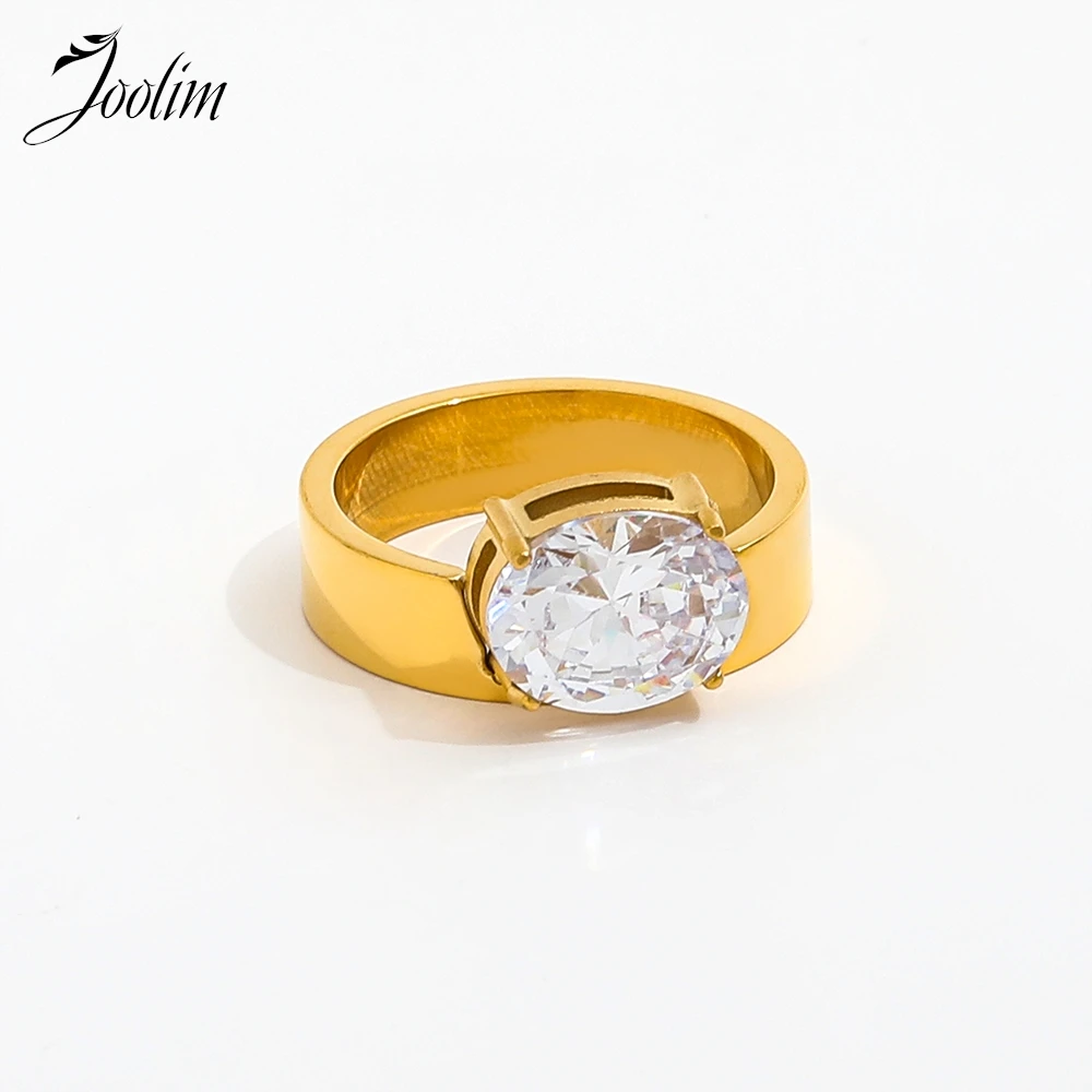 

Joolim Jewelry Wholesale High End PVD Waterproof Fashion Luxury Big Oval Zirconia Band Stainless Steel Ring Trend For Women