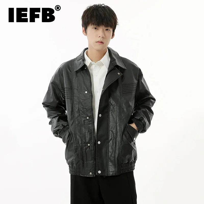 

IEFB New Autumn Men's Jackets Casual PU Leather Zipper Turn-down Collar Single Breasted Solid Color Male Loose Coats 9C6831