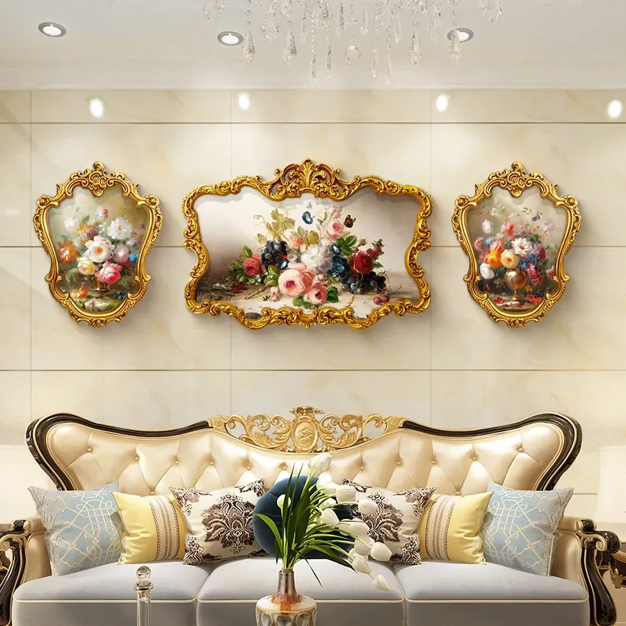 Living room sofa background wall decorative painting European triptych flower handmade oil painting French villa hanging mural D