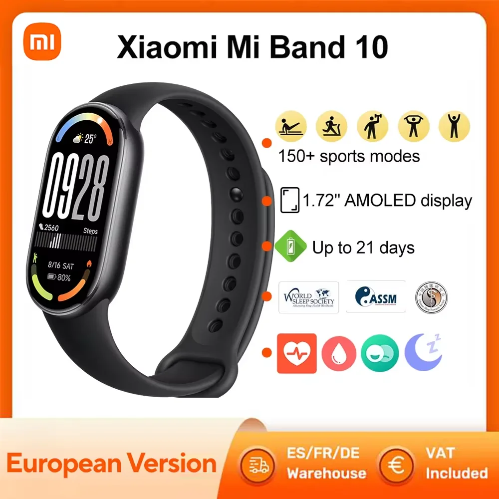 Xiaomi Smart Band 10, écran AMOLED de 1,72 pouces, surveillance de la fréquence cardiaque et de l'oxygène sanguin, plus de 150 modes sportifs, bracelet intelligent BT5.4