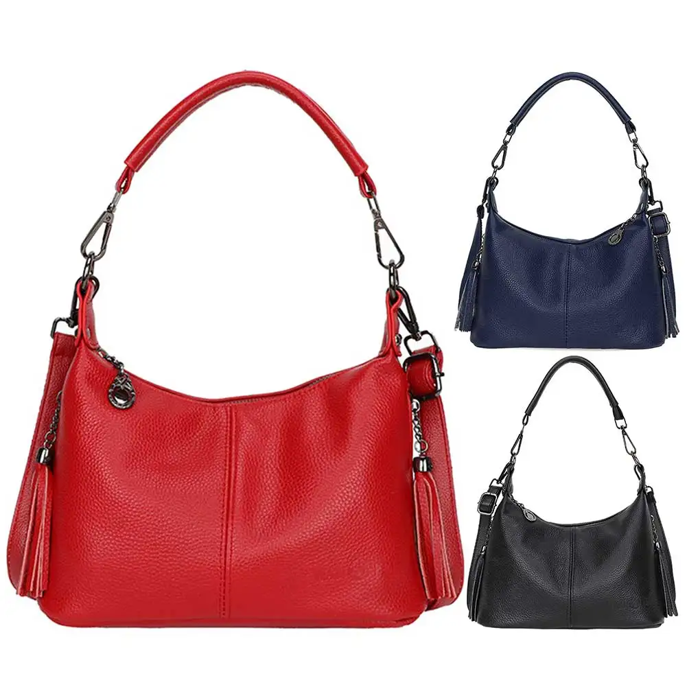 حقيبة كتف نسائية عصرية بحزام قابل للتعديل من جلد البقر حقيبة كاجوال مع شرابات حقيبة هوبو بسيطة لقضاء عطلة الحفلات #6