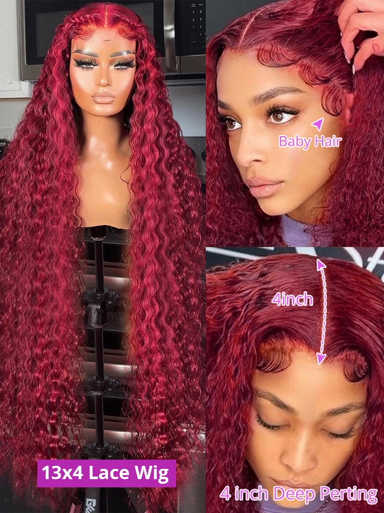 Deep Wave 99J Burgundy 13x6 Lace Frontal Wig Human Hair 13x4 Curly 30 40 Inch HD Transparent Lace Front Wigs Brazilian Red Wine