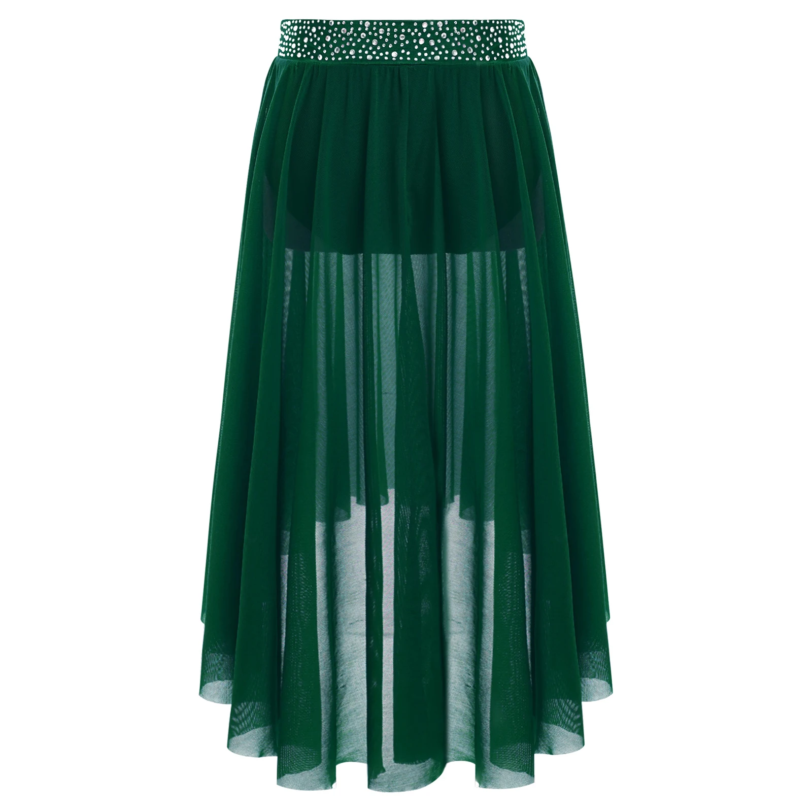 키즈 소녀 발레 서정적 현대 현대식 찬미 댄스 스커트 반짝이는 라인스톤 사이드 슬릿 하이 로우 불규칙 메쉬 스커트