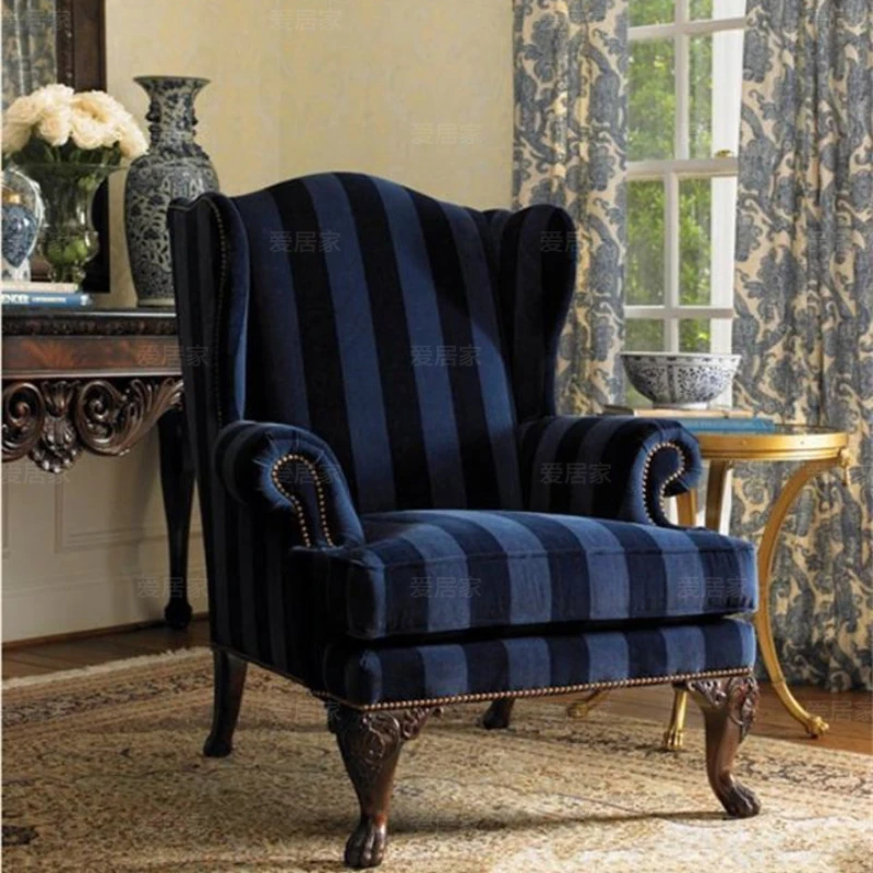 

Neoclassical fabric sofa chair, blue striped leisure chair, single person sofa