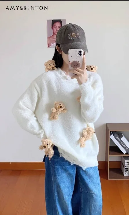 

Осень-зима 2024, новая горячая распродажа, забавный 3D свитер в японском стиле с круглым вырезом абрикосового цвета, свободный повседневный черный вязаный топ