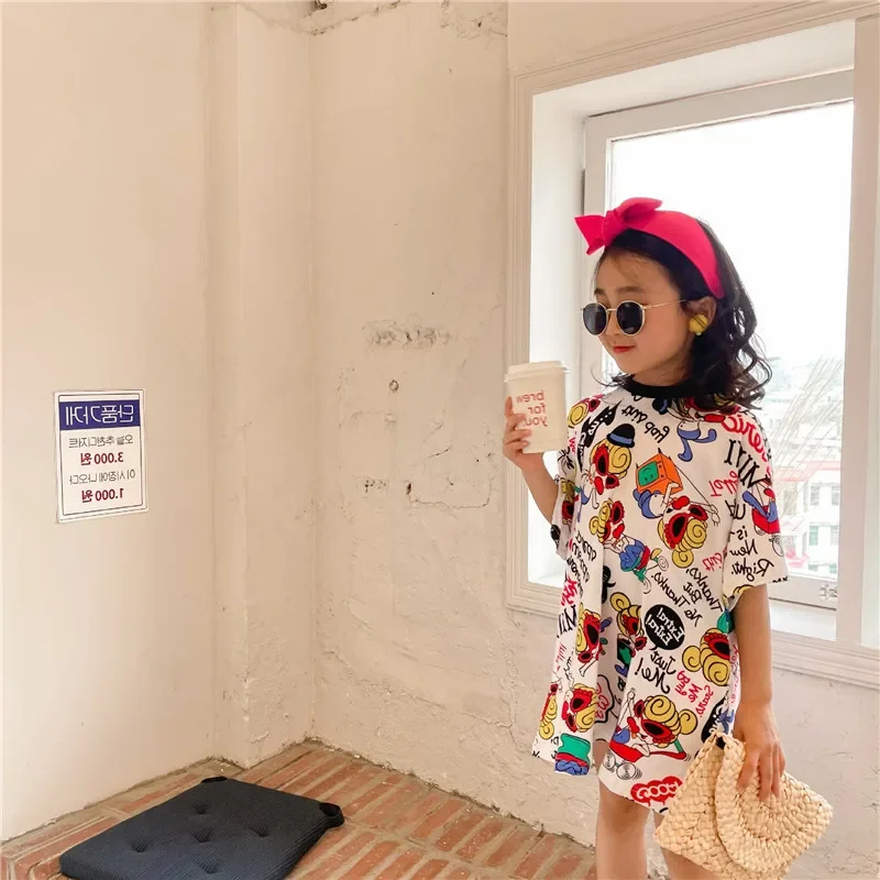 2024 Summer Girls Long T-shirt Medium Long Sleeved Fashionable Contrasting Color Dress Children\'s Casual Dress  Kids Clothes