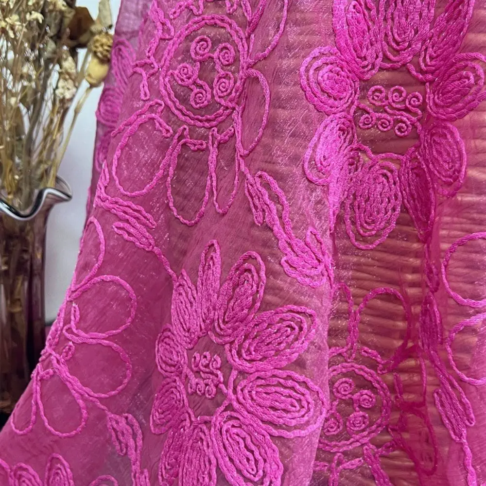 

Pink 3D cotton cord flower embroidery lace floral embroider fabric with imitate silk base for woman wedding dress sewing 2 yards