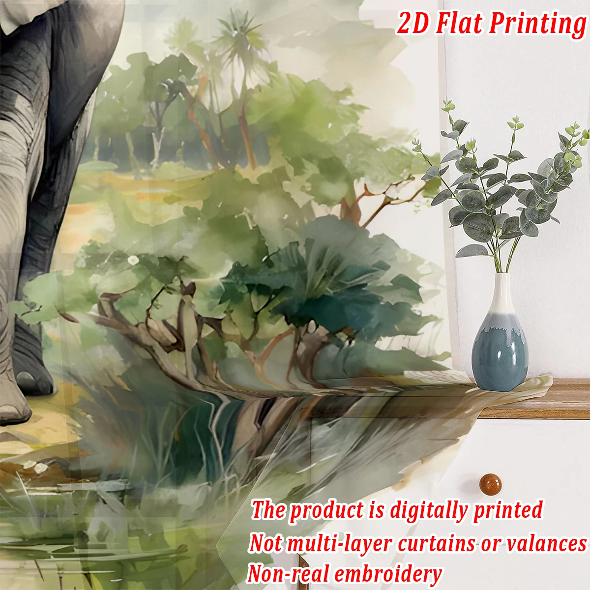 Elephant mountain forest Flat Printing Sheer Curtain，Light Fabric，for Living Room Bedroom Home Door and Window Decor