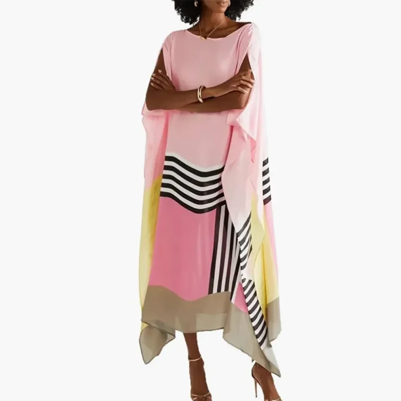 

Retro Striped Print Patchwork Irregular Dress Women Spring Batwing Sleeve Loose Long Dress Summer Sexy Crew Neck Boho Maxi Dress