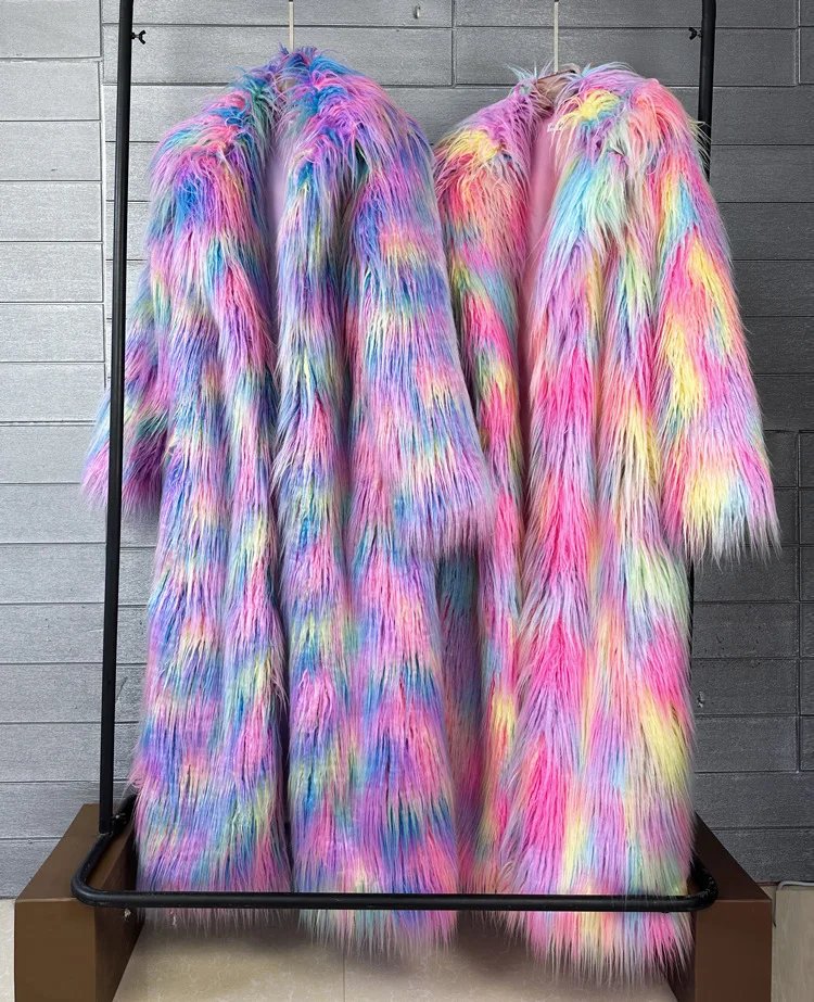 DEAT 2026 Winter New Items Imitation Colorful Long Coat For Women Faux Fur Suit Collar Long Sleeve Trench Jacket Female 11A05577