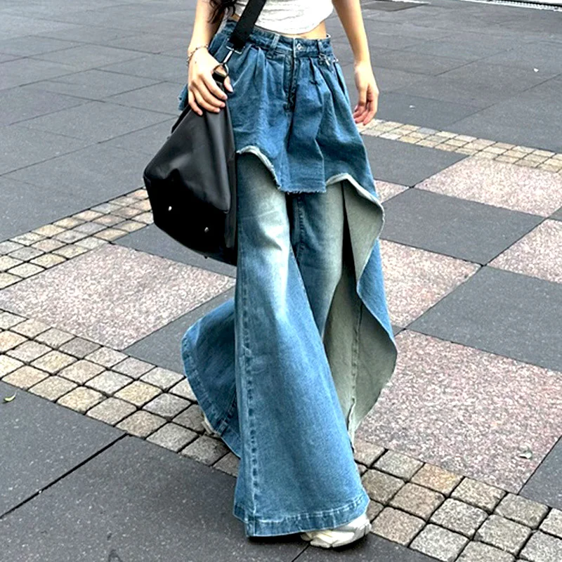 

2025 vintage Irregular Asymmetric Splicing Jeans, Fake two retro casual loose women's wide leg flared denim pants