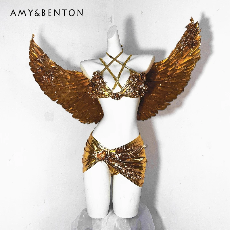 

Subculture New Design Metal Oil Painting Feel Hand-sewn Flower Women's Top Punk New Sexy Gold Wings Hot Girl Skirt Pants Ladies