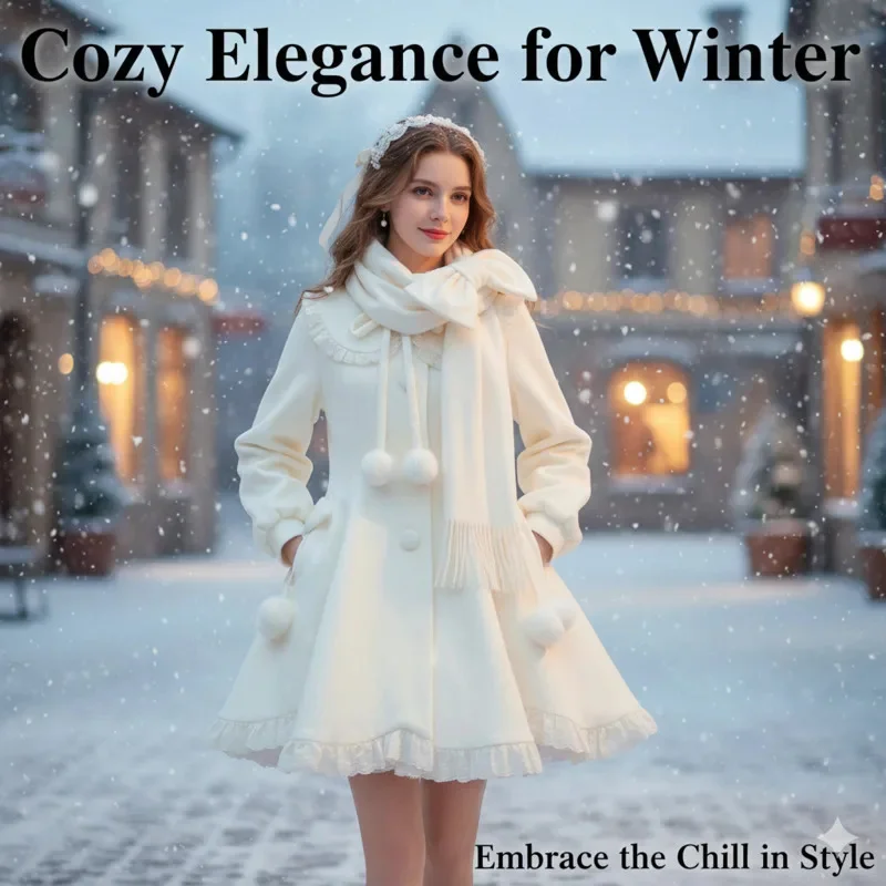 Chic casaco arco vestidos midi vestidos outono inverno cachecol de lã conjunto doce petite feminino roupa de duas peças elegante macio quente em camadas conjunto