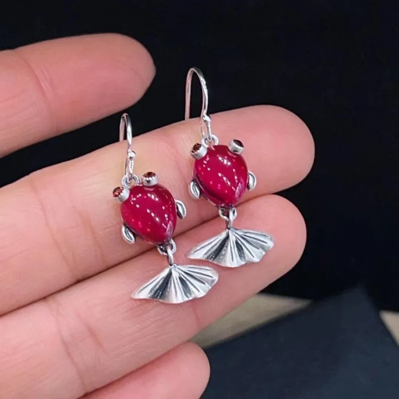 

BOCAI NEW S925 Pure Silver Retro Personality Set With Zircon Small Goldfish Earrings