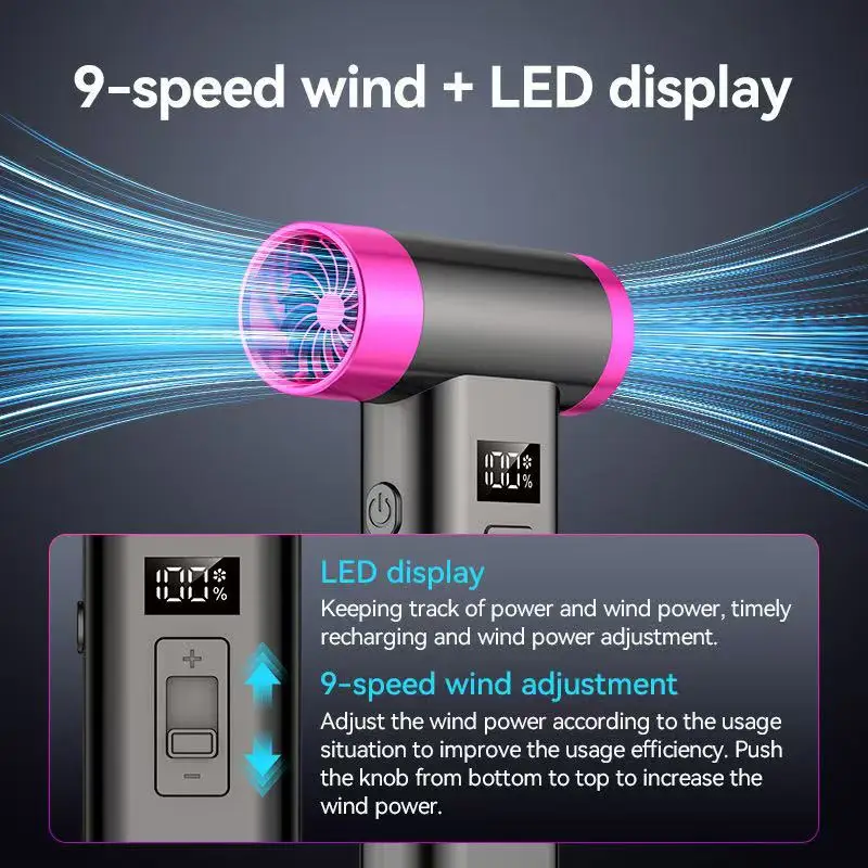 Tragbarer kabelloser Haartrockner, multifunktionaler Luftstaubsauger, für Reisen, USB wiederaufladbar 110000 RPM Hochgeschwindigkeits-Föhn nur kalter Wind