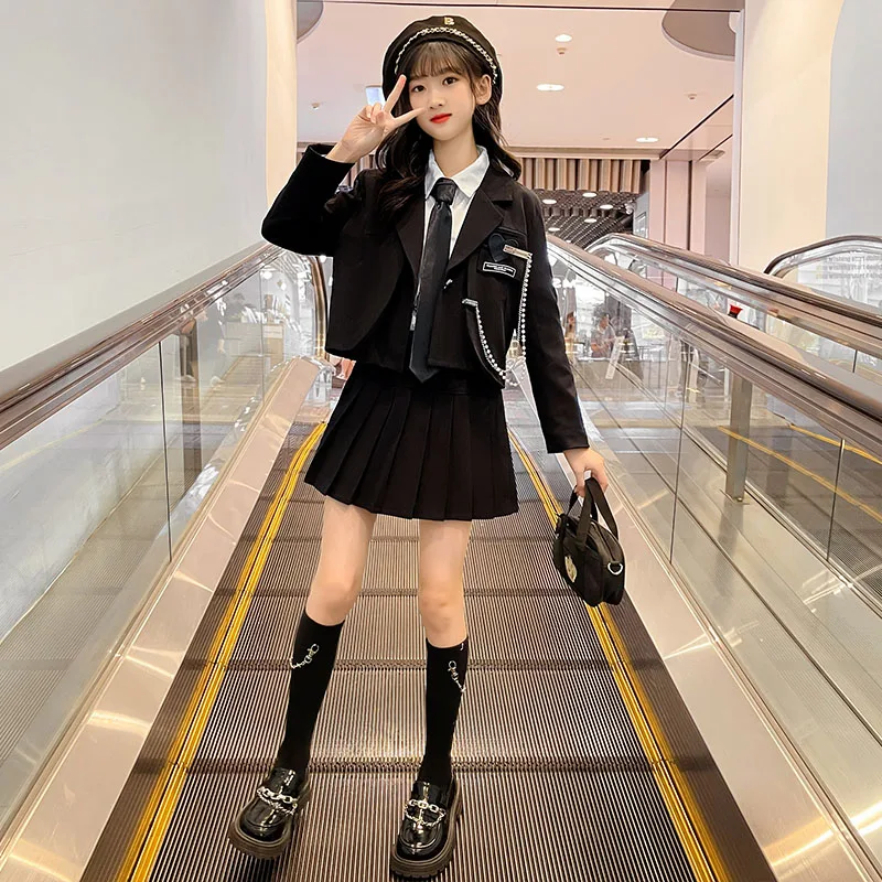 Formal Children\'s Girls Suit Sets Kids Clothes Jacket Skirt Outfits Chain Tops Pleated Skirt Tie Shirt Student Uniform Teen Girl