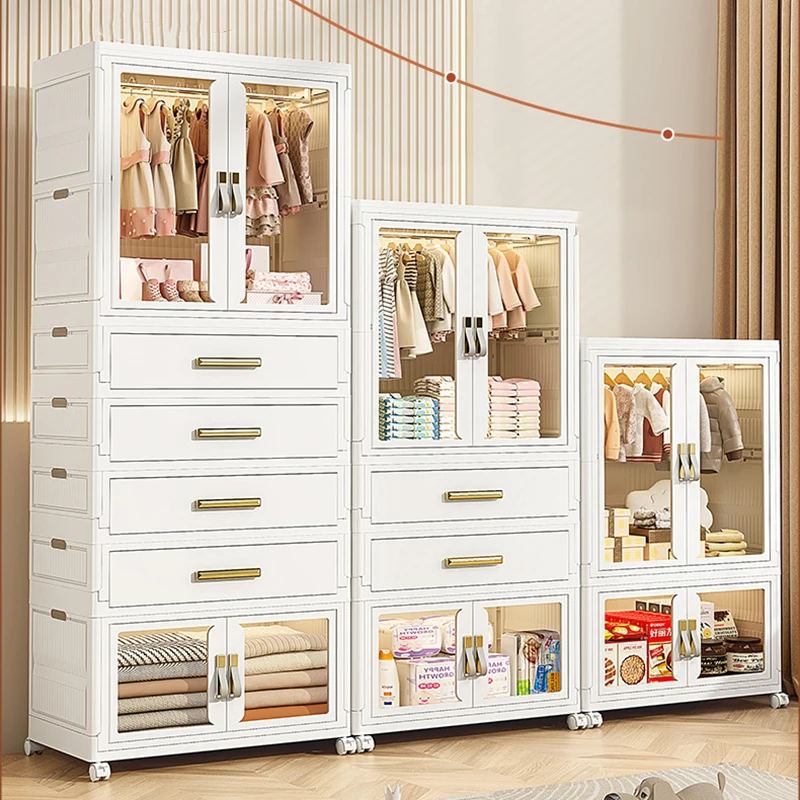 Kid's Wardrobe with Drawers or Double Open Door Combination, Free assemble, Wheels at Bottom, Anti-reverse, Folding Bins ﻿