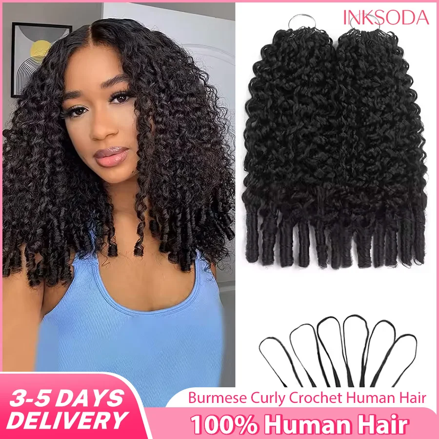 

Бирманские кудрявые волосы для плетения крючком, 100% натуральные человеческие волосы, без узлов, предварительно разделенные, натуральный черный цвет, для наращивания и плетения кос