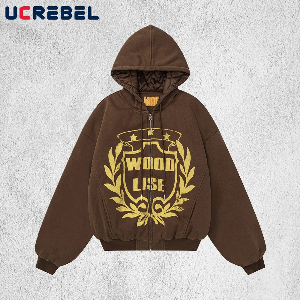 

Distressed Print Hooded Quilted Jacket Mens Autumn Winter High Street Drop Shoulder Long Sleeve Thick Outerwear Man