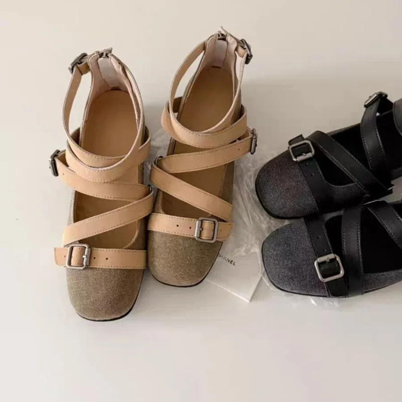 Zapatillas de Ballet con punta redonda para mujer, zapatos de bailarina con cinturón y hebilla estilo Ins, calzado ligero y cómodo de ocio para niña 2025