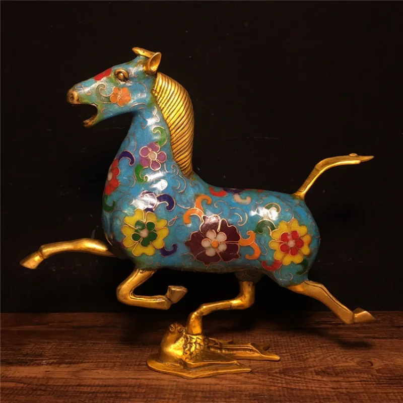 Supply Antique Old Crafts Brass Red Yellow Blue Multicolor Horse Stepping on a Flying Swallow Cloisonne Ornaments Antique Wholes