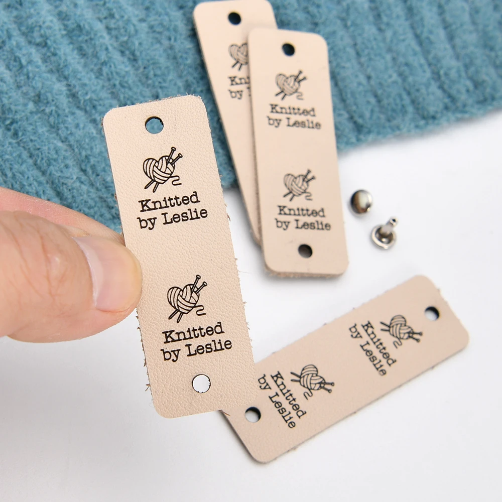 Leather Labels, Genuine Leather Tags, Labels For Rivets, Centre Fold, Laser Engraved, Knitting Product, D508