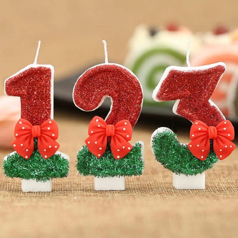 Red 0-9 Number Birthday Candles with Christmas Wreath Bow - Cake Decoration for Kids Girls Party Anniversary