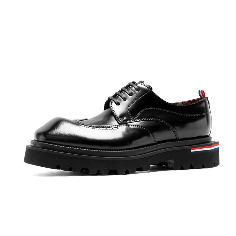 

Men's Genuine Leather Brogue Derby Shoes Spring Fashion Glossy Thick Sole Height Increasing Business Casual Dress Shoes