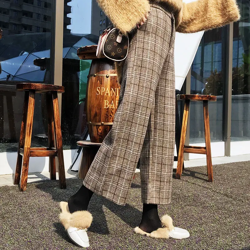 Loose Straight Plaid Wide Leg Pants Female Autumn Winter Fashion Preppy Style Pockets Casual High Waist Trousers Women Clothing