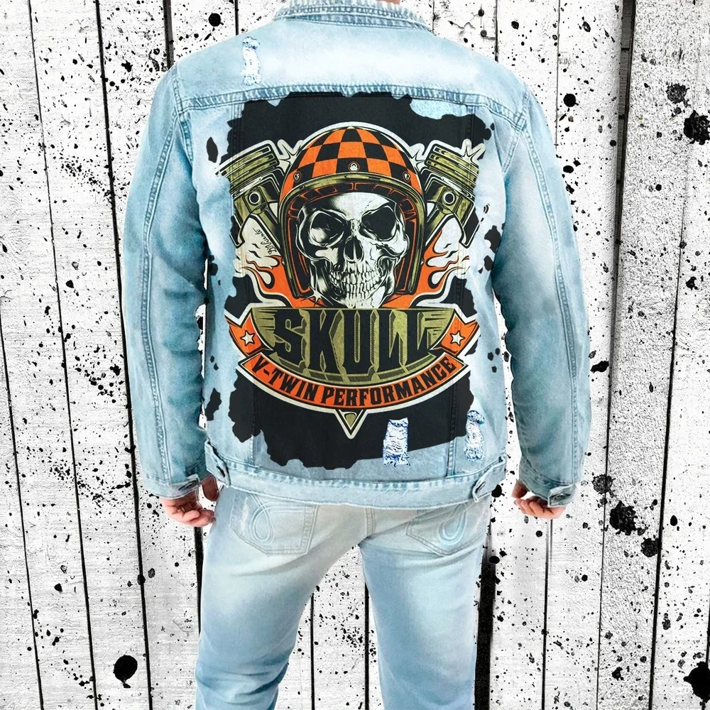 

Skull Jean Jacket Men Single-breasted Lapels Ripped Coat Spring Autumn Streetwear Clothing