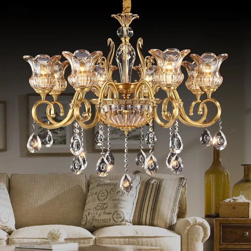 

All-copper American light luxury living room chandelier European atmosphere crystal dining room bedroom light creative retro lig