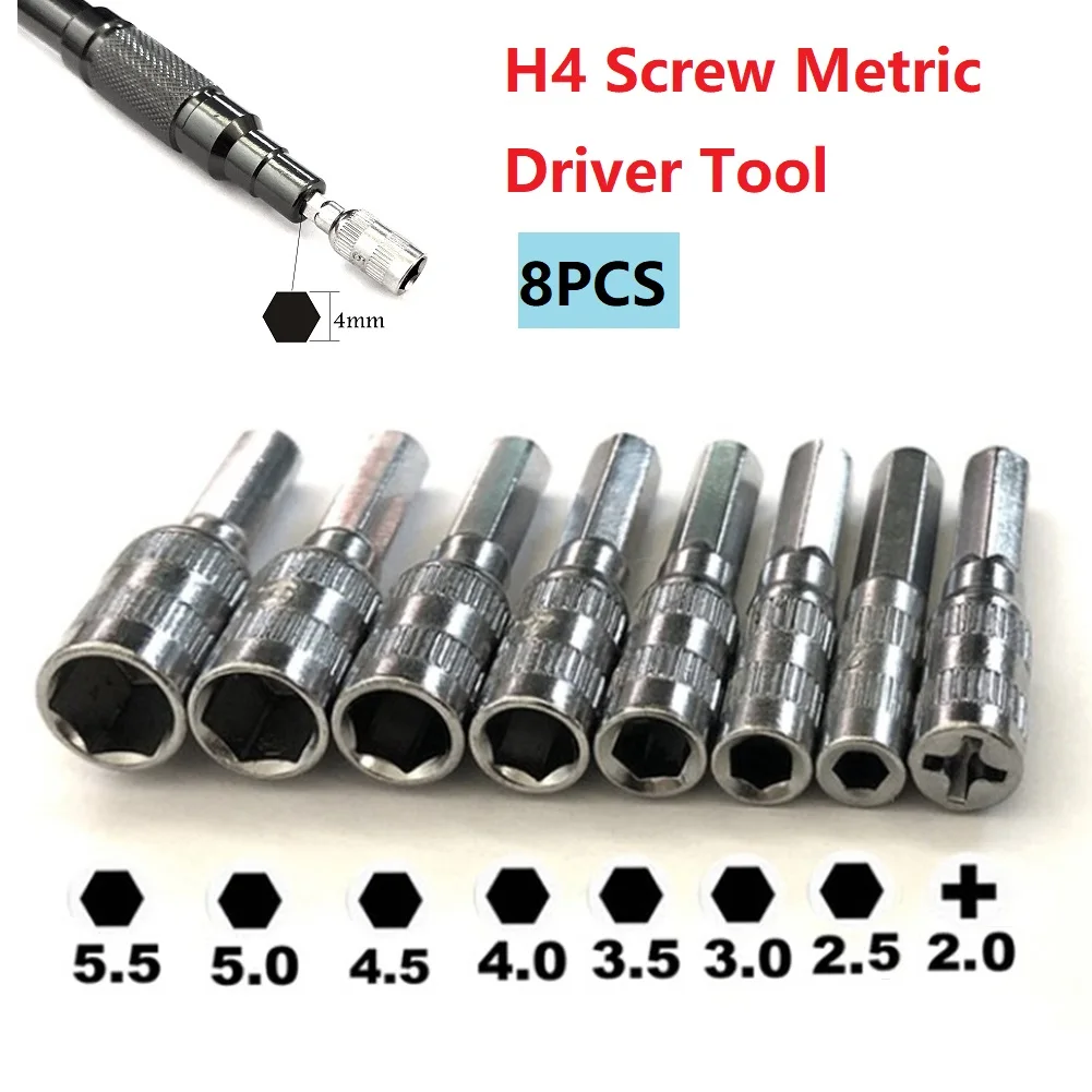 8pcs 6 Point Hex Socket H4 Hex Shank Nut Driver Screw Metric Driver Tool Drill Bit Metal PH2.0 M2.5 3.0 3.5 4.0 4.5 5.0 5.5mm