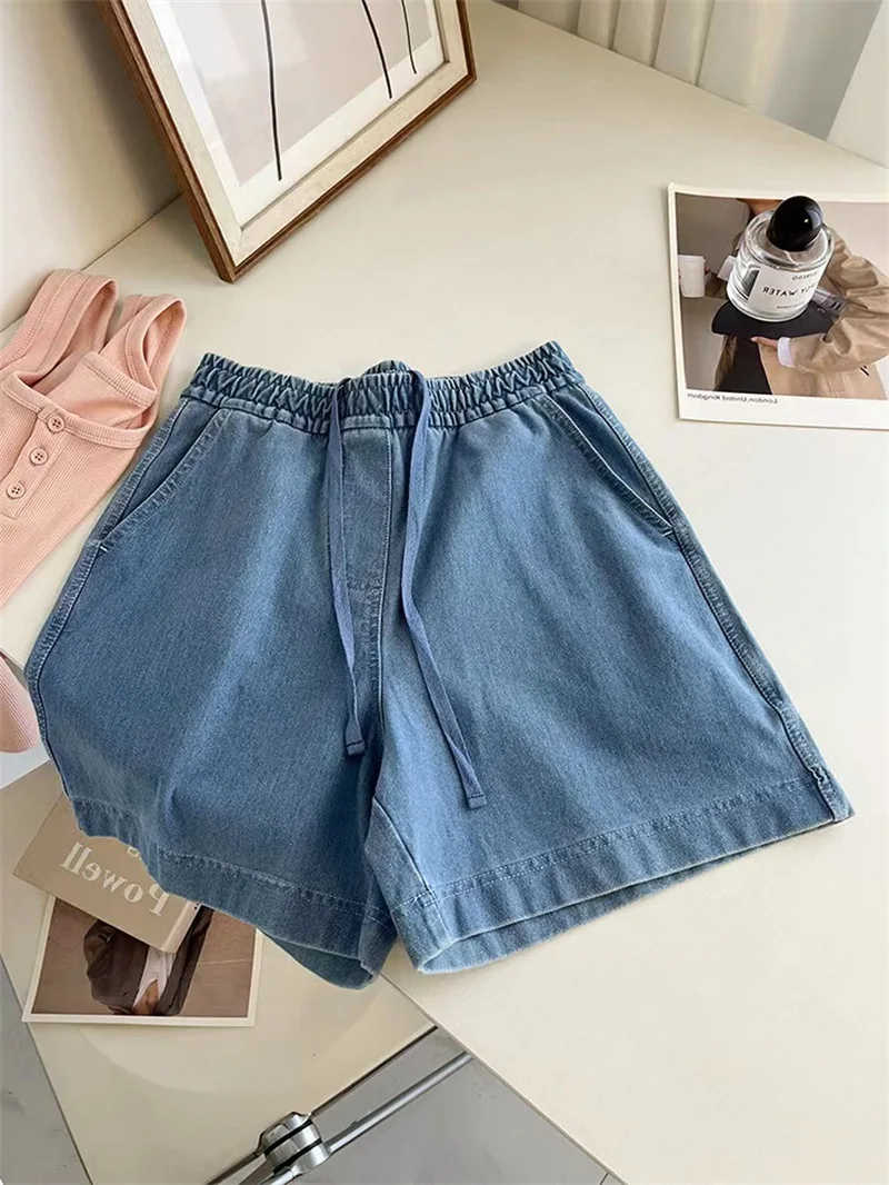 Denim Drawstring Elastic Waist Shorts Women Loose Wide Leg Casual Bermuda Shorts