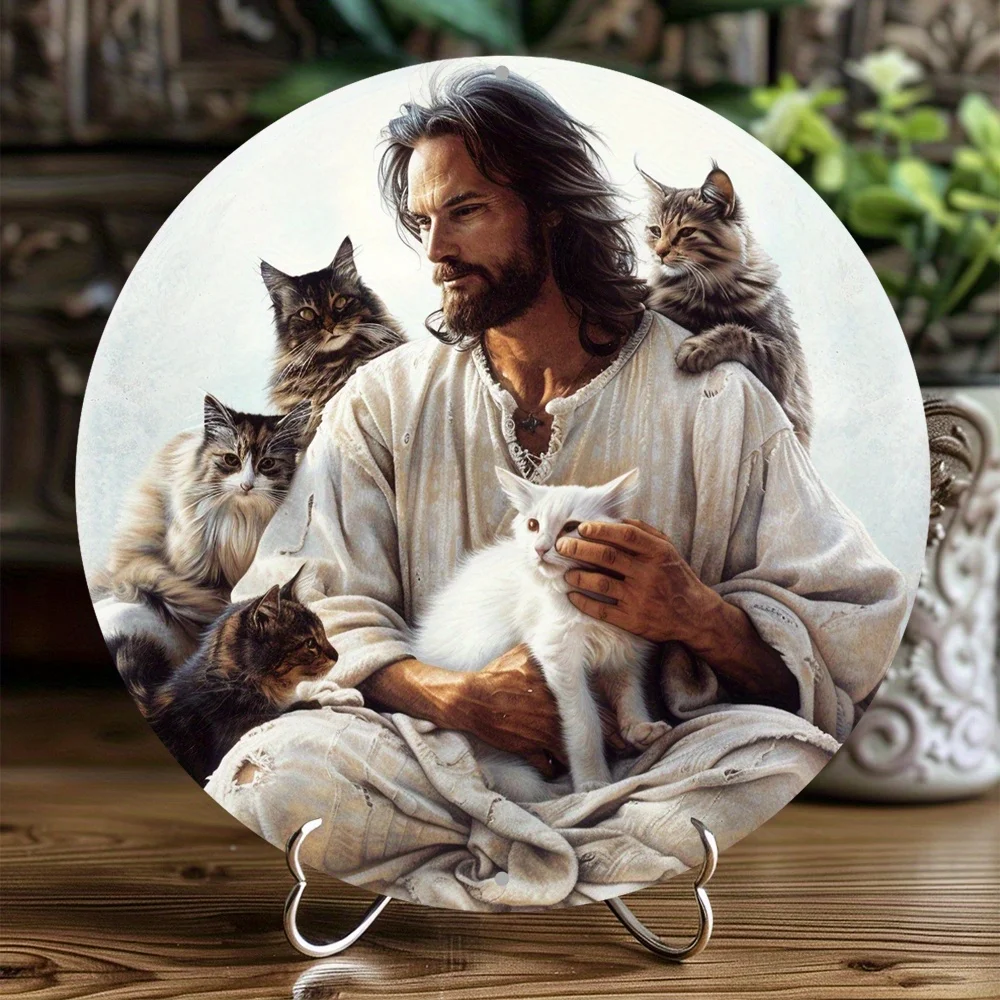 

Whimsical God Saves Cats Round Aluminum Metal Art Decor, Wall Decoration for Home, Unique Holiday Gift Idea