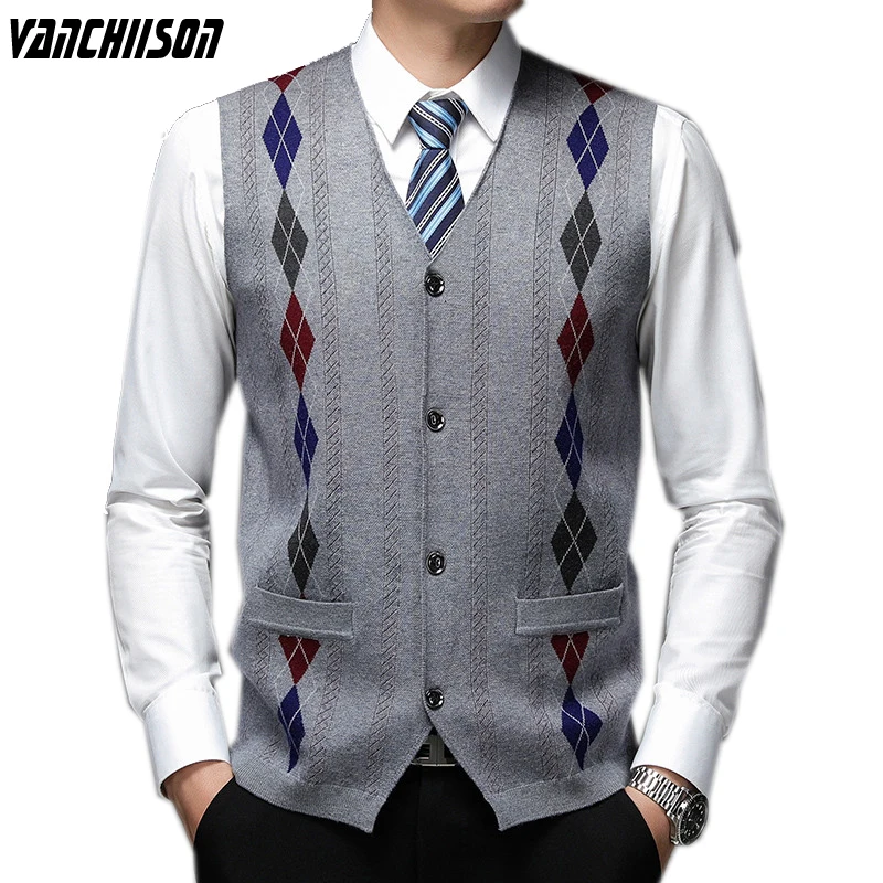 

Men Quality Knit Vest Velvet Fabric Smooth Cardigan Basic Sweater Sleeveless Thick for Autumn Winter Buttons Down 00292