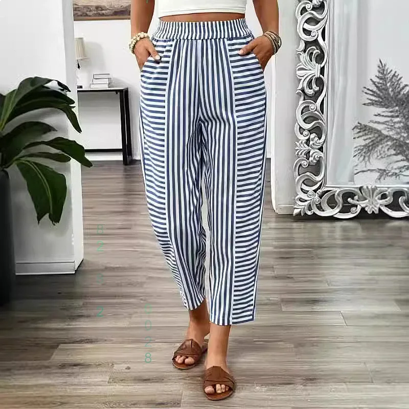 2024 Amazon autumn new bare feet fashion striped splicing slim and thin casual pants women's spot cross-border