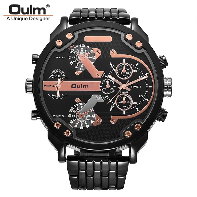 Oulm Huge Two Time Zone Men\'s Watches Top Luxury Brand Male Quartz Big Size Watch Individuality Large Men Military Wristwatch