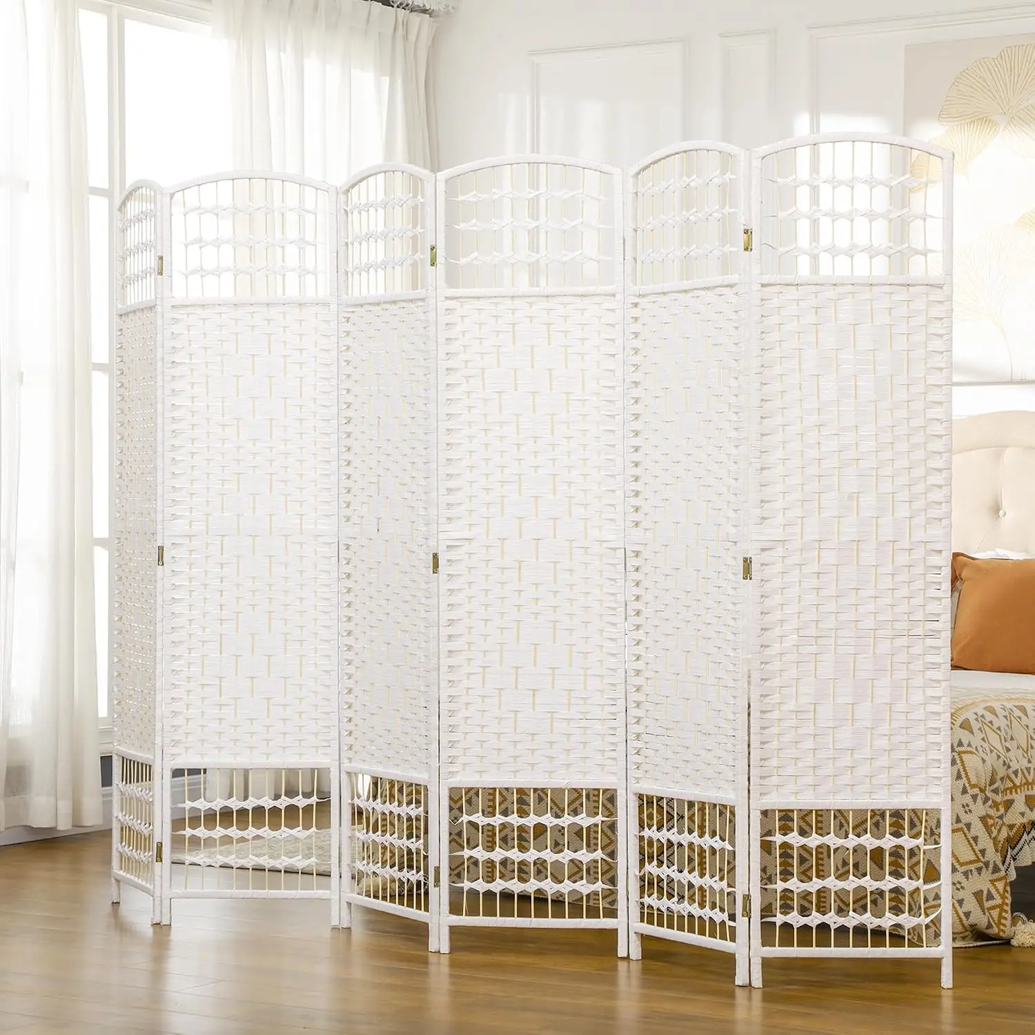 6 Panel Folding Privacy Screen 56 Ft White Wave Fiber Freestanding Room Separator Partition Wall Divider