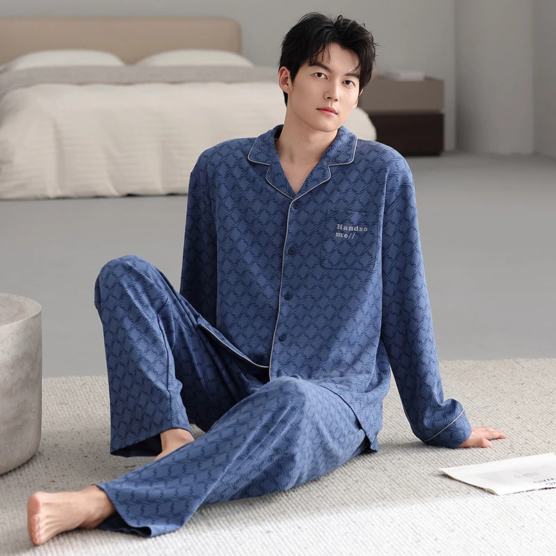 High Quality  Spring and Autumn M-4XL Men Pajamas Set 100% Cotton Turn-down Collar Sleepwear Male Pyjamas