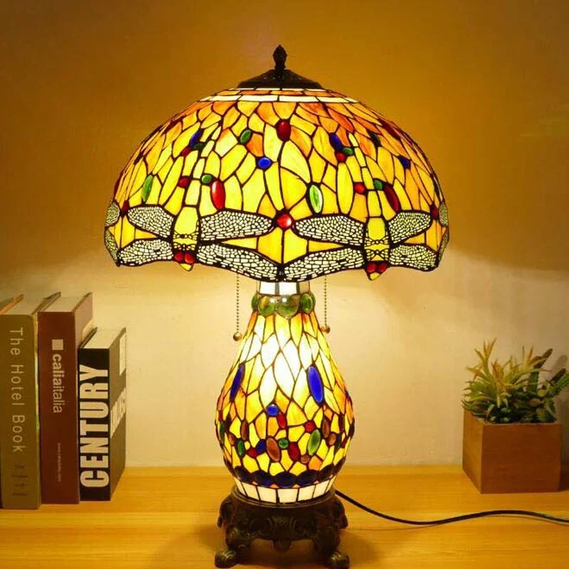 Dragonfly Table Light Bed Lamp Room Decor Tiffany Stained Glass Luminaria Home Bedroom Bedside Night Stand Desk Lighting Fixture