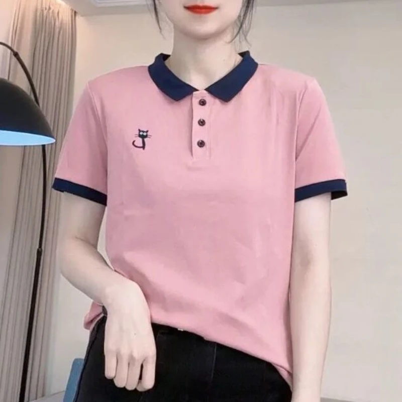 New Summer Korean Version Minimalist Commuting Casual Short Sleeved Lapel Solid Color Embroidered Women's T-shirt Top