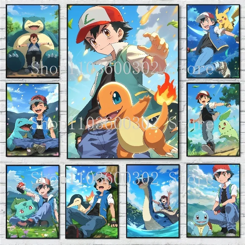 

Classic Anime Pokemon Poster Ash Ketchum and Cute Pikachu Charizard Gengar Canvas Painting Bedroom Wall Art Decoration Painting