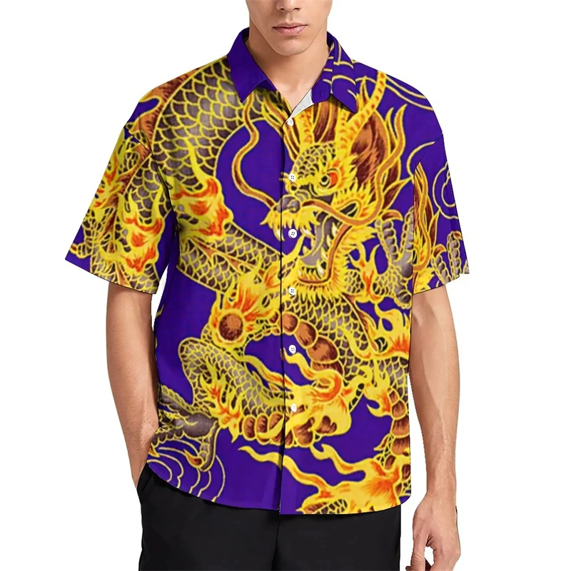 

Hawaiian Dragon Pattern Men's Shirt Summer Oversized Short Sleeve Elegant Dress Casual Breathable Camping Clothes Men's Shirt